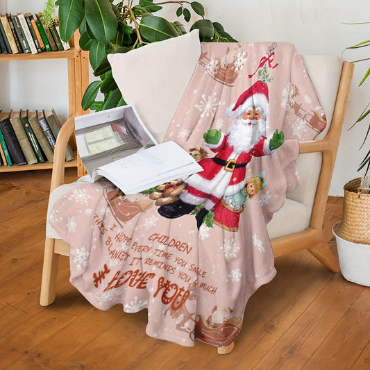 Soft flannel throw blanket featuring a mid-century Santa Claus print. This all-season, stain-resistant blanket is perfect for adding a touch of fantasy to your bedding. With digital print woven craftsmanship, this blanket makes an ideal holiday gift for