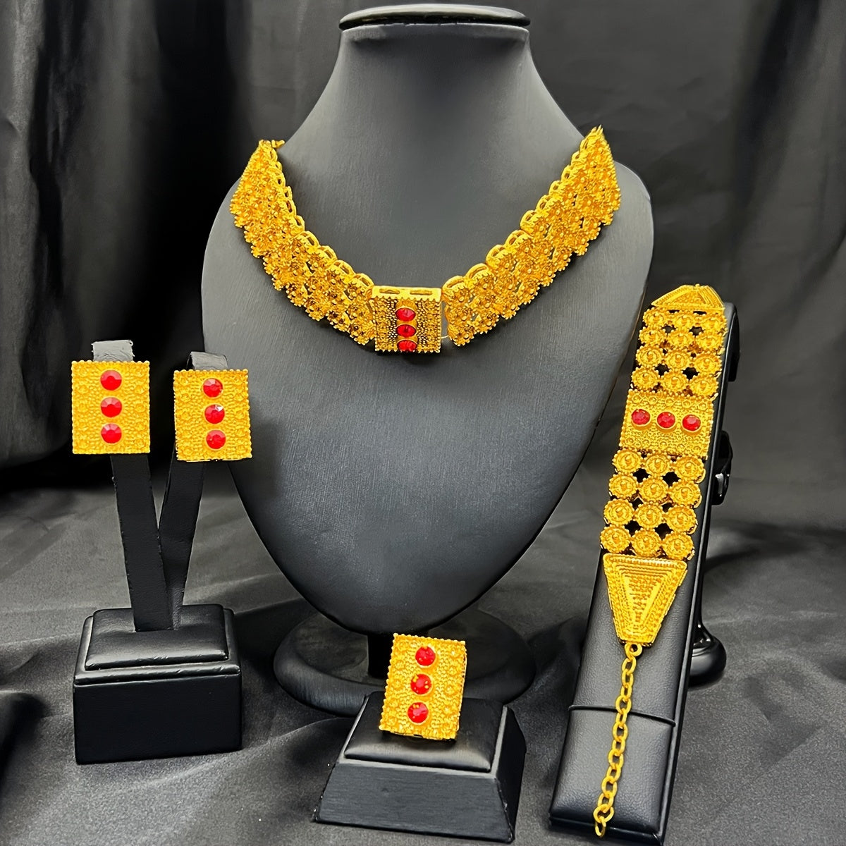 Set of 4 Luxury Tribal & Boho Style Jewelry Pieces - Necklace, Earrings, Ring, Bracelet. Made with 24K Golden Plated Alloy and Synthetic Zirconia. Perfect for Weddings, Gifts, Thanksgiving, and any Season.