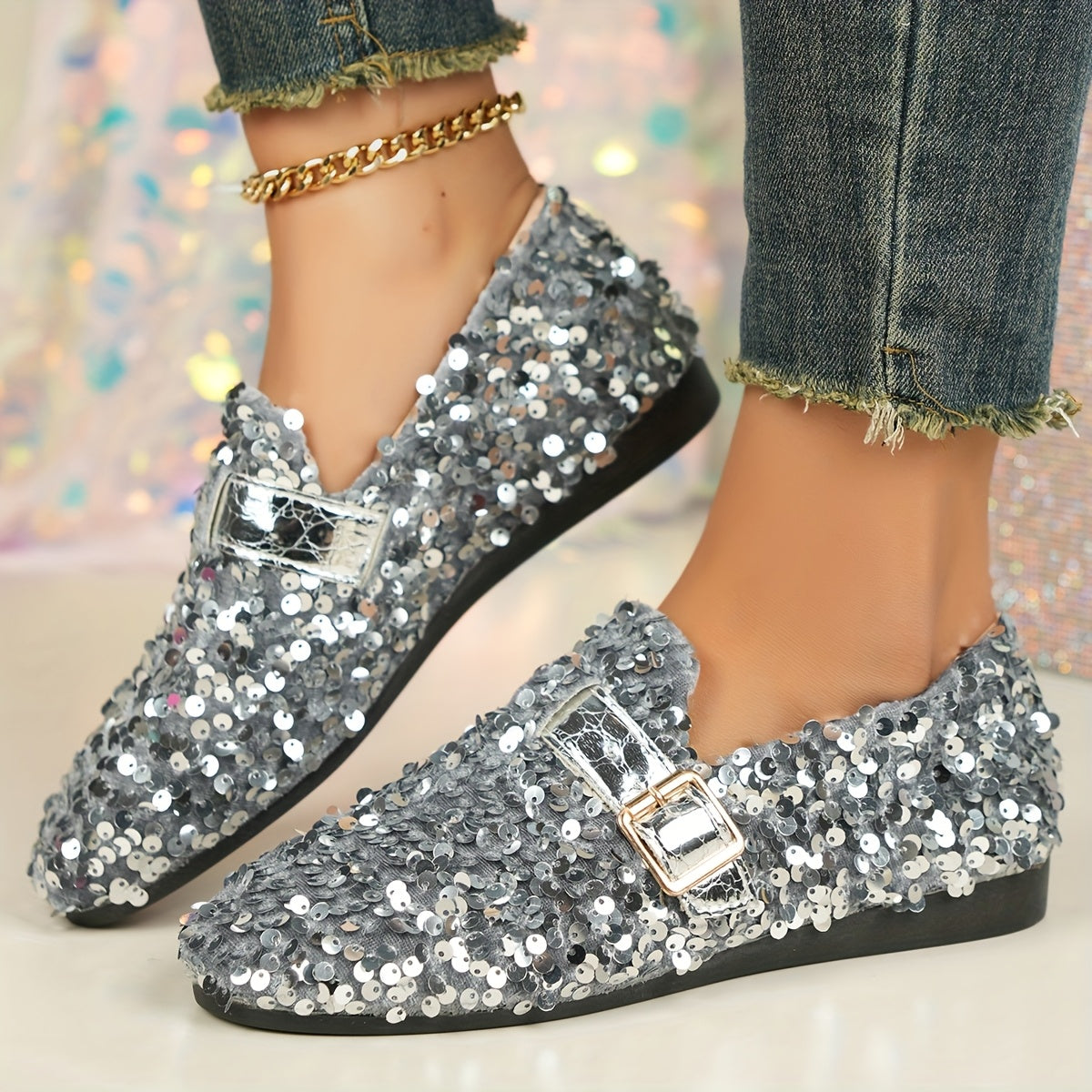 Women's sequin embellished Mary Jane flats with casual round toe slip-on design, all-season comfort, man-made upper & inner, rubber sole, fabric insole, perfect for carnival, Mardi Gras