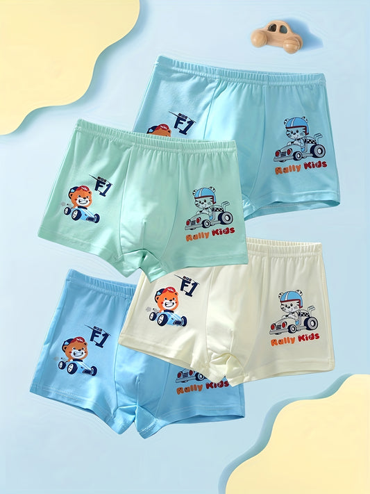 4-Pack of boys' cartoon racing pattern boxer briefs made of comfortable and breathable polyester knit fabric. Features elastic waistband and regular fit perfect for active boys in sports