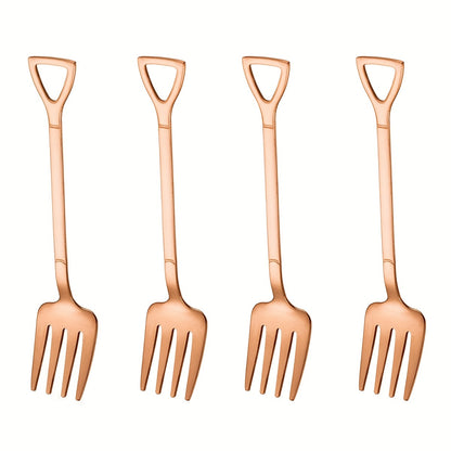 Set of 4 stainless steel fruit, cake, and dessert forks in creative shapes. Dishwasher safe. Perfect for home, restaurant, hotel, parties, gifts, coffee bars, Halloween, Day of the Dead, and Christmas.