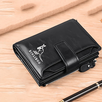 Men's PU leather wallet with RFID blocking, zipper closure, coin purse, and durable polyester interior.