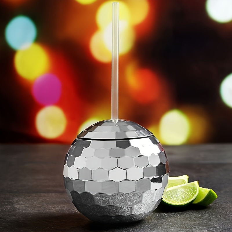 Spherical glitter ball cup with straw, perfect for parties.