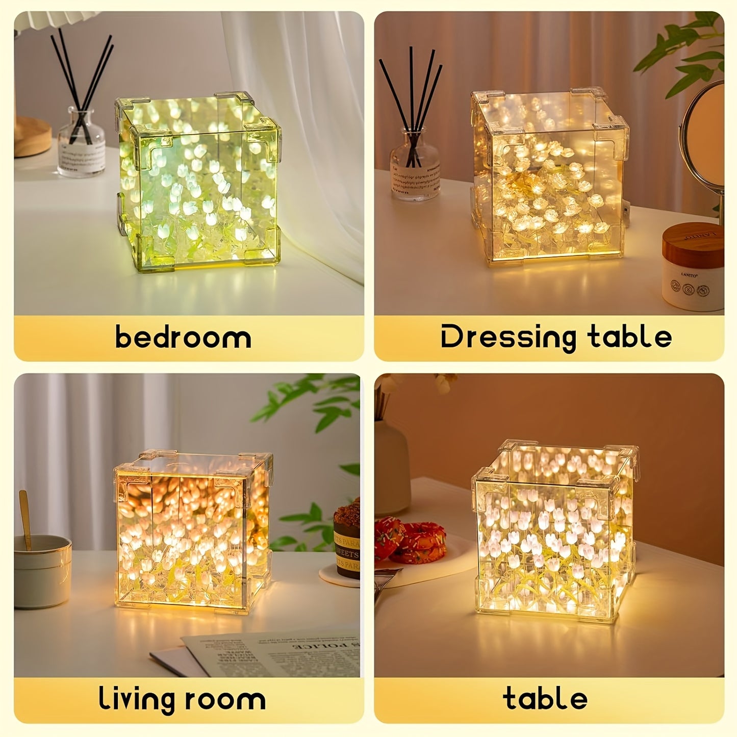 LED Tulip Night Light DIY Cube Table Lamp for Bedroom Decor, Handmade Glass with Shade, Battery Powered.