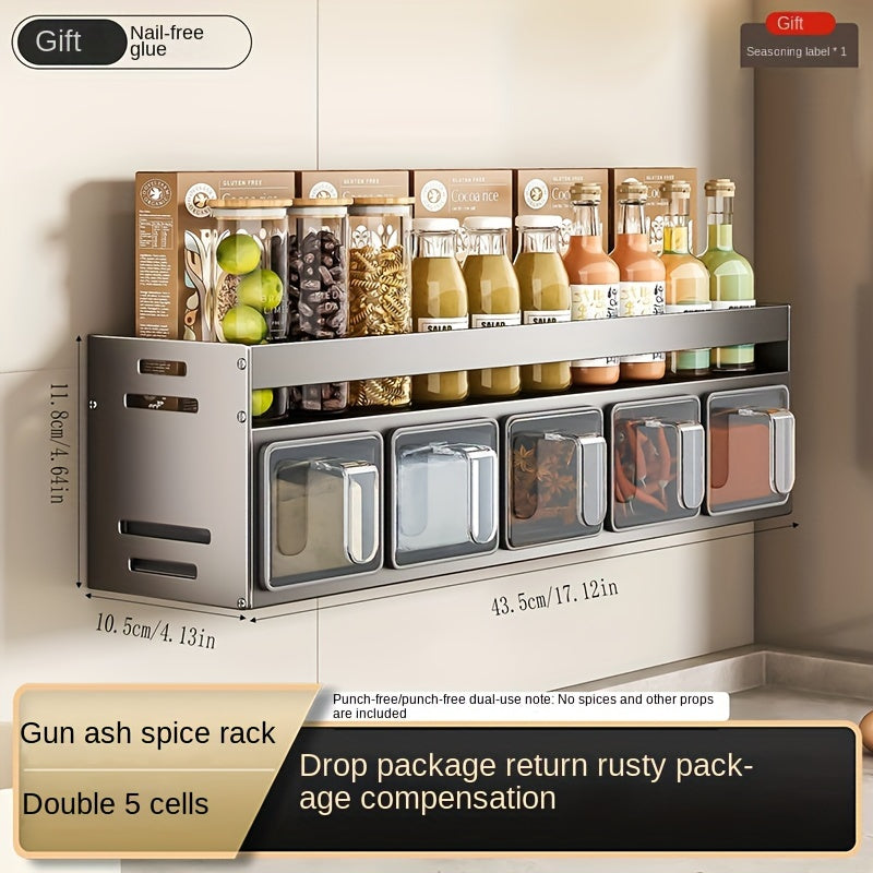 Organize your spices with ease using the Wall Mount Spice Rack Organizer. This hard anodized aluminum hanging shelf includes 5 clear jars for convenient storage. The multipurpose seasoning box holder features comfortable pull handles for added