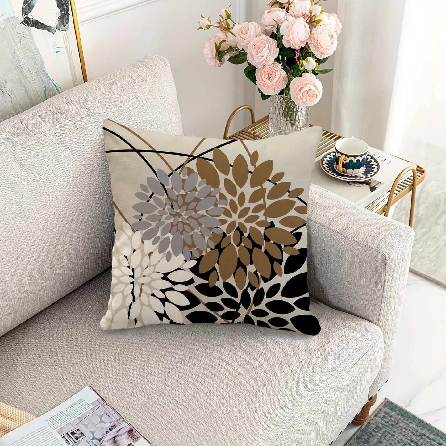 Stylish Dahlia Floral Pillow Cover in Black & Brown, Modern Farmhouse Decor for Living Room Sofa Bed, Zip Closure, Polyester, Hand Wash Only.