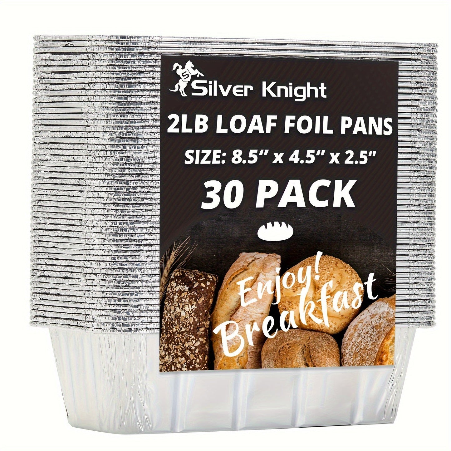 30 pieces of disposable foil loaf pans weighing 907.18g each, measuring 21.59x11.43cm. These bread pans double as food storage containers and take out boxes, ideal for baking bread and street treats.