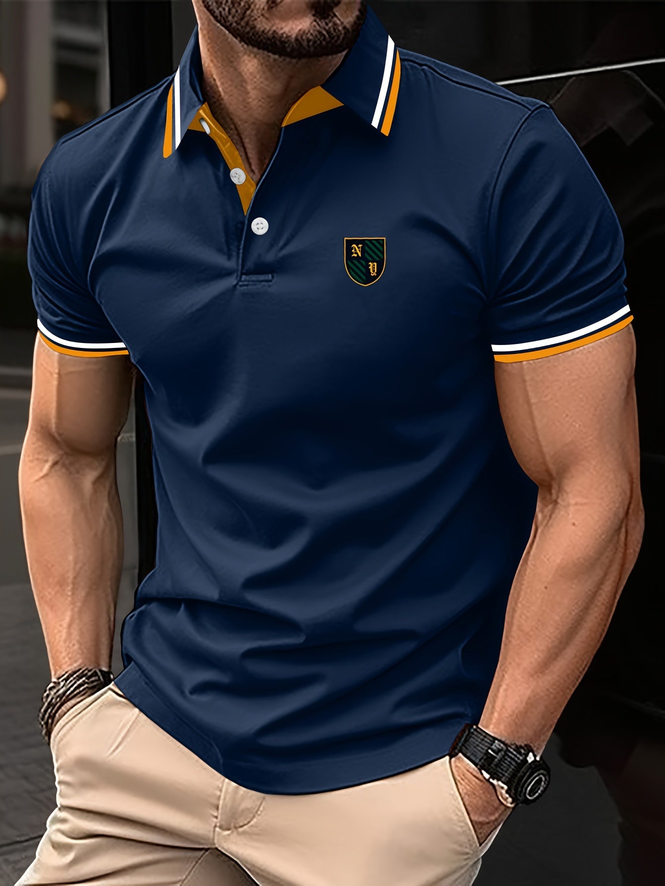 Men's short sleeve golf shirt with contrast trim, perfect for golfing and a great gift for men.