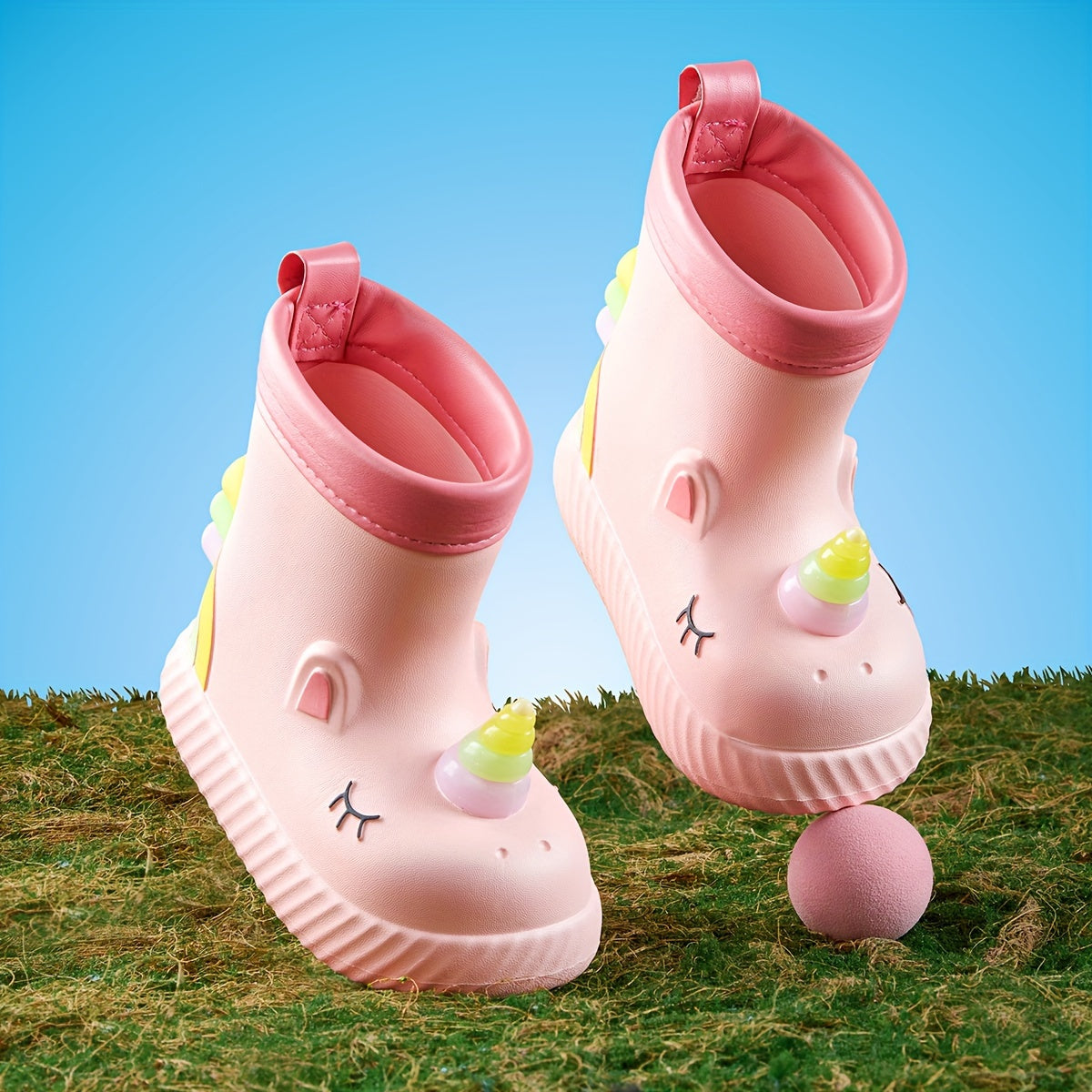 Waterproof Unicorn Cartoon Rain Boots for girls in Pink & White, ideal for outdoor play and school in fall/winter. Made from comfortable EVA material with non-slip soles.