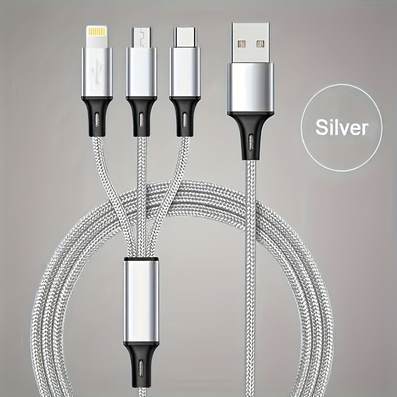 1.2M Nylon Braided Fast Charging Multi-function 3-in-1 Cable for IP/Type-C/Micro-USB, Compatible with Mobile Phones and Tablets