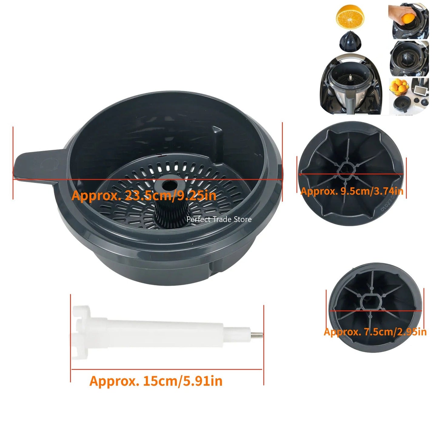 Upgrade your kitchen with the kitchen appliance brand's Juicer Attachment Kit for TM5/TM6. This easy-to-install kit is made from food-grade plastic and is dishwasher safe. Enhance your juicing experience with these multi-functional replacement