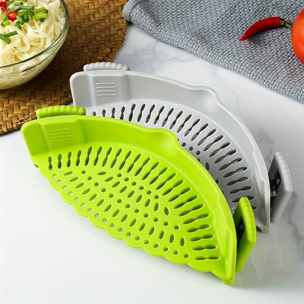 Silicone Strainer Clip for Pots and Pans - a versatile tool for straining pasta, meat, vegetables, and fruits in the kitchen. Ideal for use as a clip-on food strainer or silicone colander.