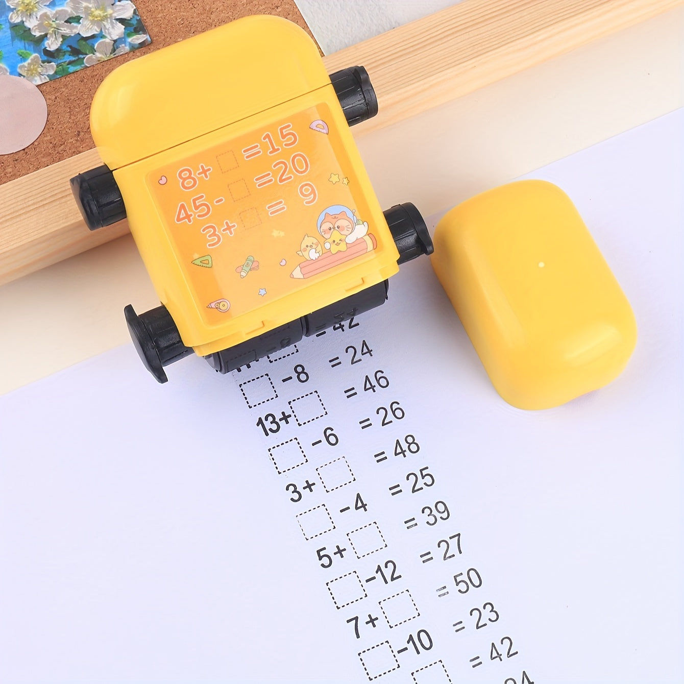 1pc Double Roller Arithmetic Stamp with addition and subtraction, cute cartoon design for math practice. Perfect for school supplies and back to school. Multiple colors available.