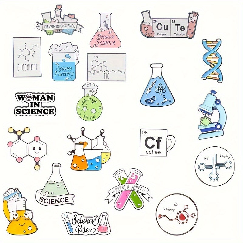 Set of 20 Enamel Science Brooches in Cartoon Academic Style, featuring Chemistry-themed badges including a Beaker, Microscope, DNA, and Alcohol Lamp. Perfect for adding a fun and unique touch to lab coats, bags, and clothing.