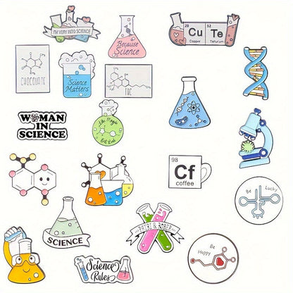 Set of 20 Enamel Science Brooches in Cartoon Academic Style, featuring Chemistry-themed badges including a Beaker, Microscope, DNA, and Alcohol Lamp. Perfect for adding a fun and unique touch to lab coats, bags, and clothing.