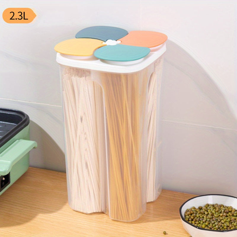 Single food storage container with 4 grids and lids, designed for storing cereal, rice, pasta, flour, and sugar. This clear airtight square container is moisture-proof and transparent, perfect for keeping food fresh. Can be used for food jars and