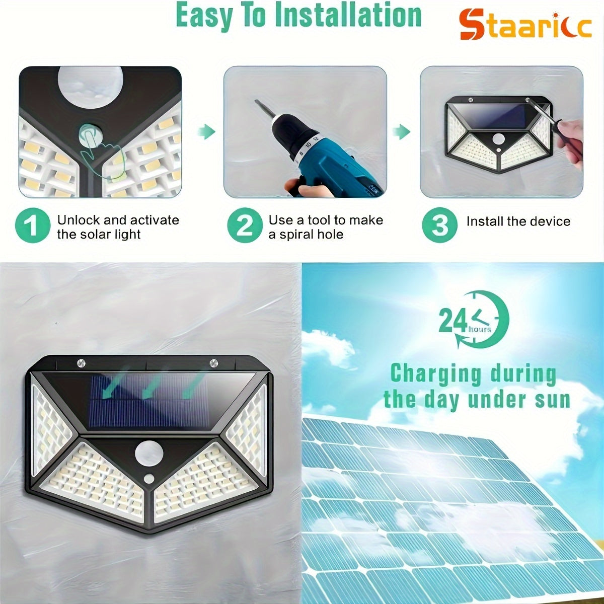 The Staaricc solar lamp is an energy-saving light with 100 LEDs and a motion sensor. It has three modes, a 270° illumination range, and is suitable for outdoor spaces like gardens, fences