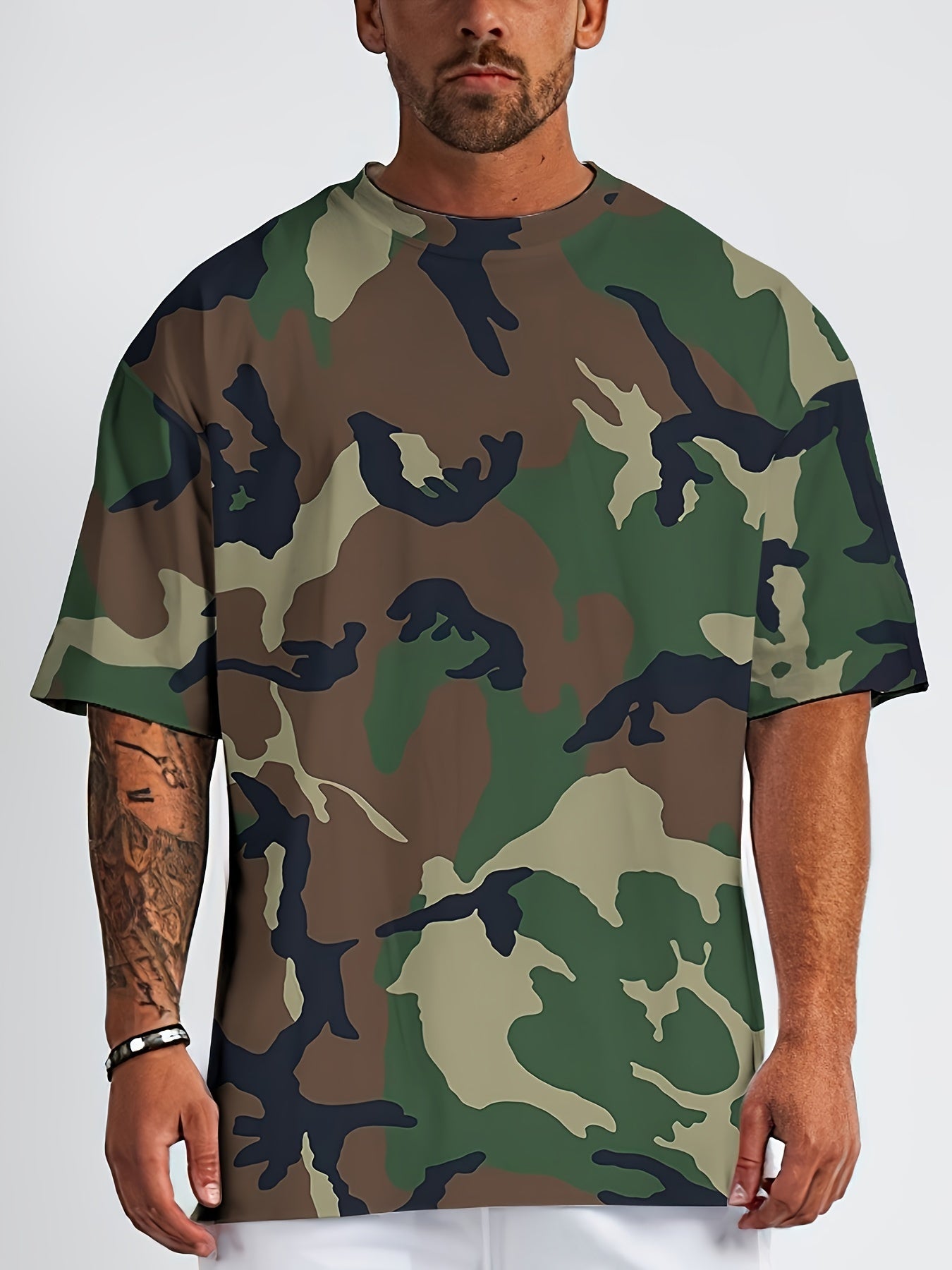 Men's Camo Print Summer Shirt - Short Sleeve, Breathable Polyester, Round Neck