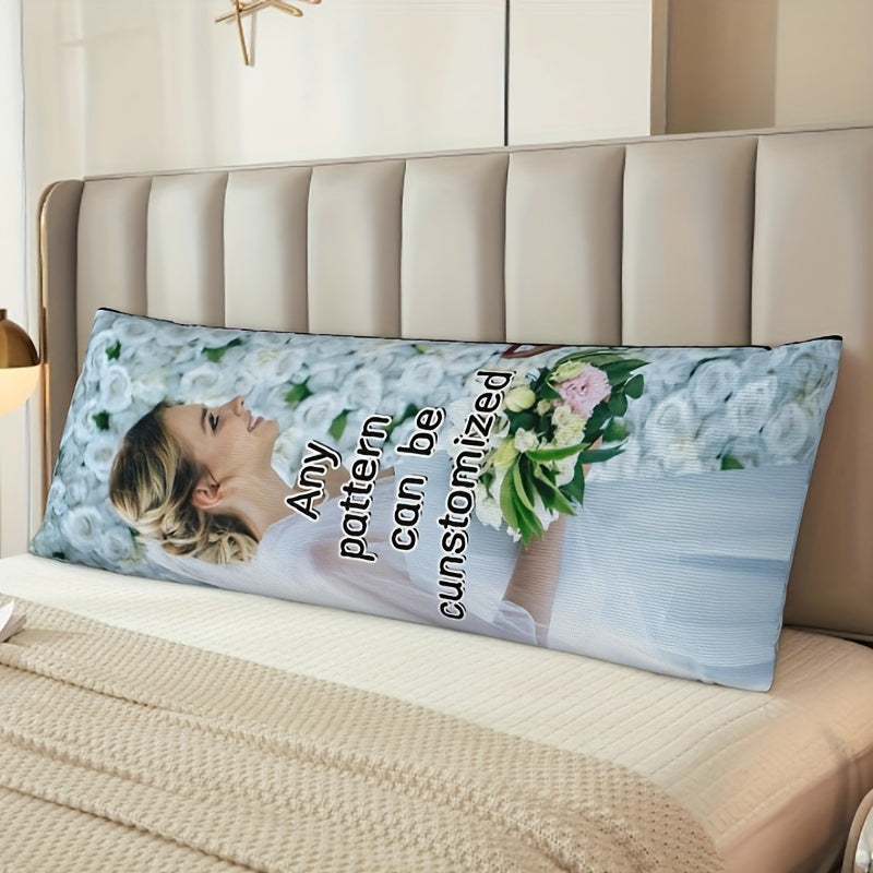 One-piece Personalized Long Hug Pillow Cover - Customizable Photo Body Pillowcase measuring 50.8x137.16 cm. Features Invisible Zipper, Soft Plush Fabric, and Double-Sided Print. Perfect for Valentine's Day, Christmas, and Thanksgiving Gifts. Insert not