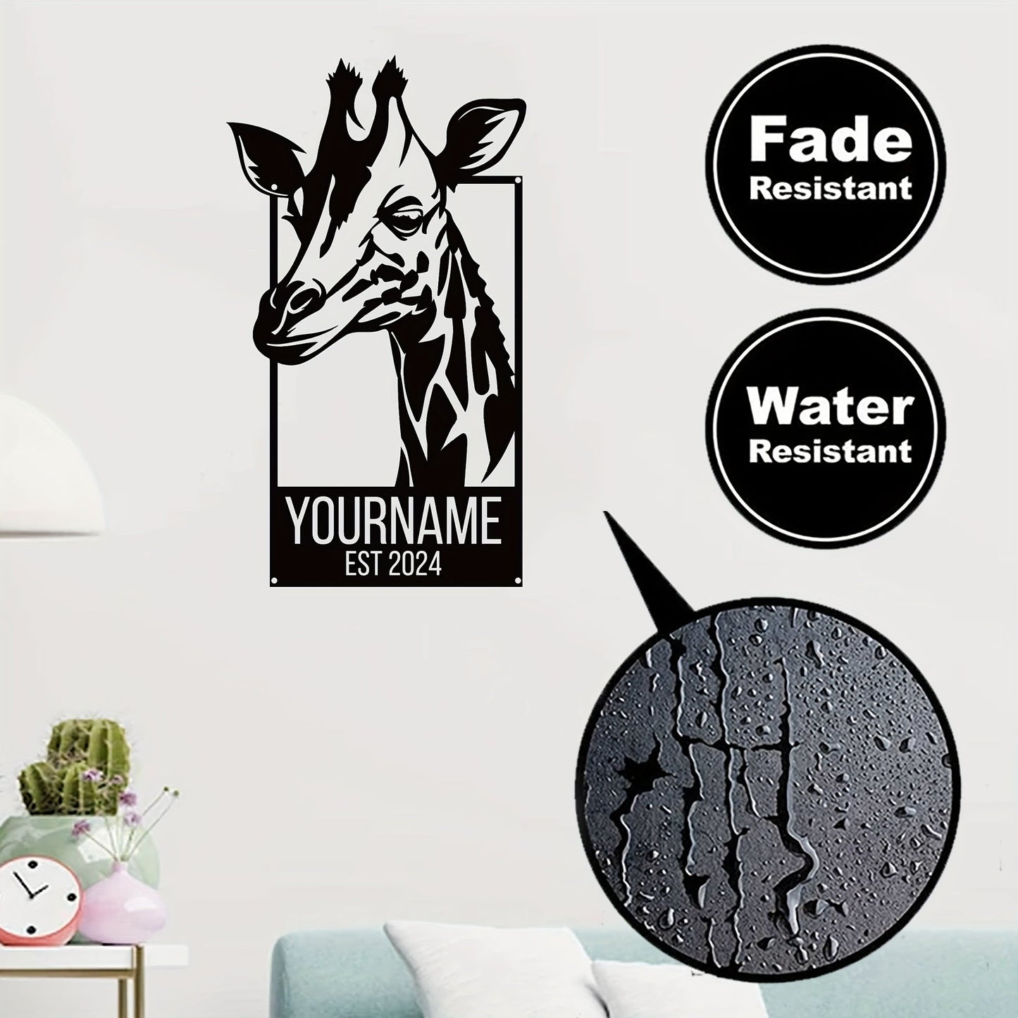 Customized Giraffe Metal Wall Art Sign - Personalized with Name and Year of Establishment, Stylish Indoor Decor Metal Plaque in Black, Suitable for Adults and Teens aged 14 and above.