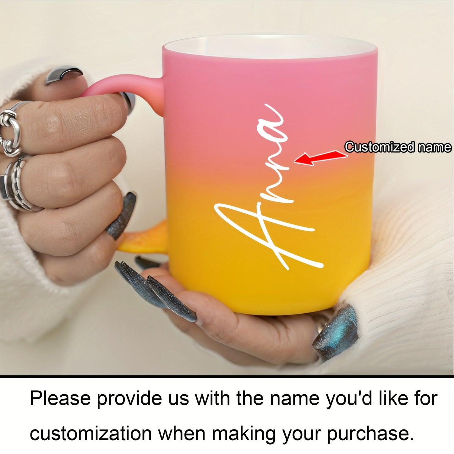 Custom 11oz ceramic coffee mug with personalized name, dishwasher and microwave safe. Perfect for drinks and gifting on birthdays or Valentine's Day for family, friends, and coworkers.