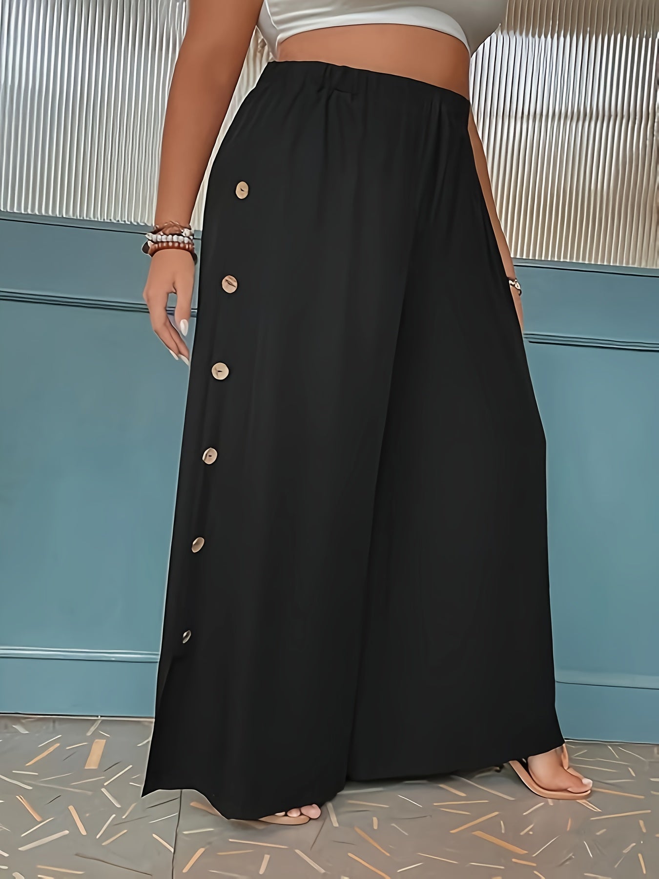 Polyester and Spandex Wide Leg Pants with Zipper Fly, Elegant Style, Machine Washable