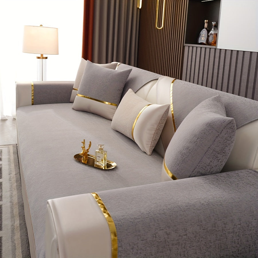 Chenille sofa slipcover with non-slip design and golden edge, ideal for protecting furniture in any room.