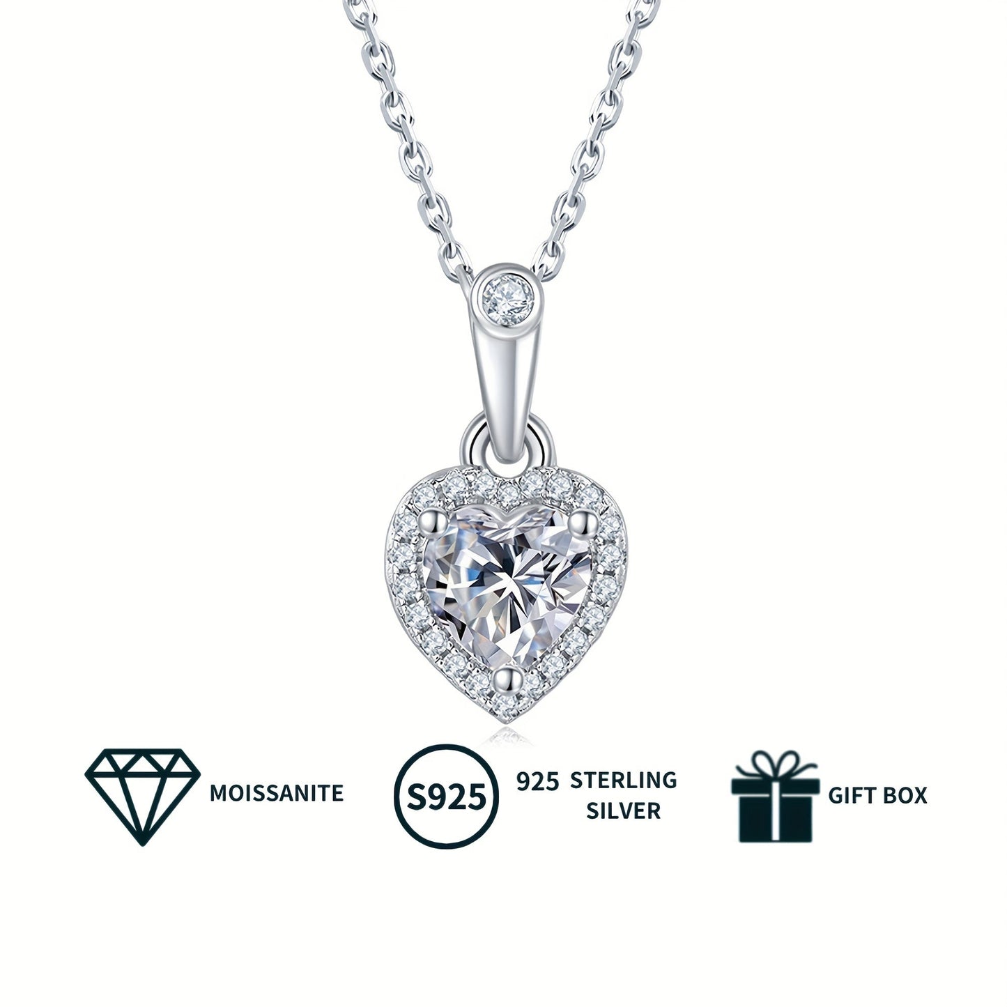 A set of elegant women's jewelry includes a pair of heart-shaped s925 silver earrings featuring 0.5ct*2 moissanite stones, a 1.0ct moissanite pendant necklace, and a matching necklace chain. The set weighs 2.88g for the necklace and 1.58g for the