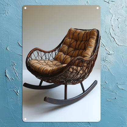 Stylish Metal and Rattan Rocking Chair Wall Decor - Timeless Vertical Square Artwork with Luxurious Upholstery and Wooden Legs for Home or Office, Simple to Hang