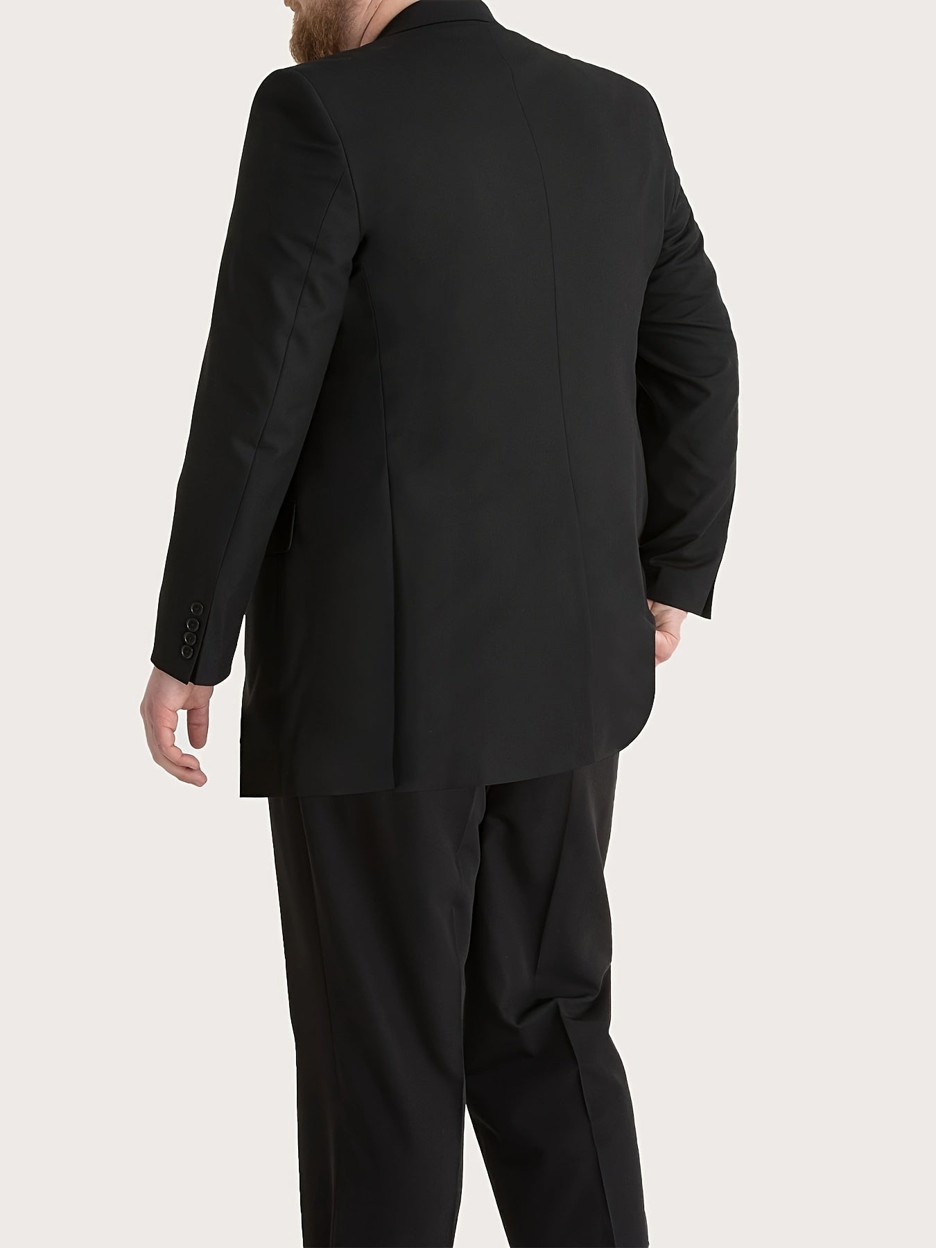 Plus size men's suit set with single breasted blazer, waistcoat, and pants suitable for business and formal occasions.