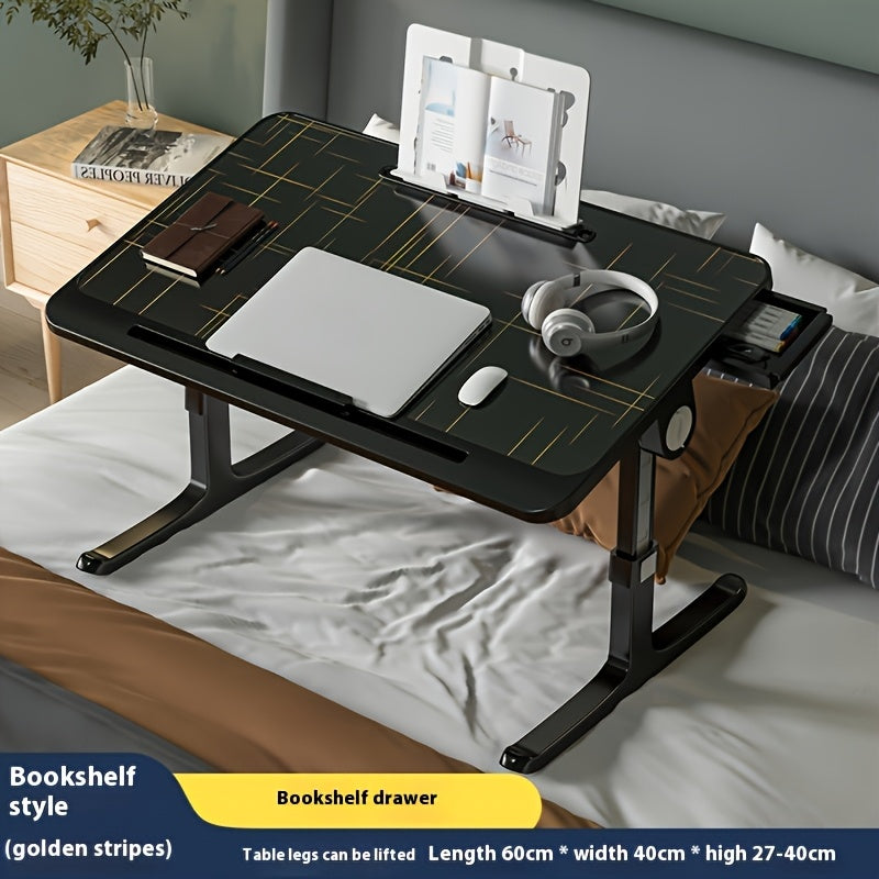 Adjustable overbed laptop desk with foldable legs and storage drawer for home and office use.