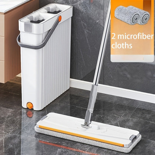 The Multi-Surface Mop Cleaner Set features a 7x magnifying metal handle, bucket, and 2 microfiber cloths. Perfect for cleaning in the kitchen, bathroom, living room, and bedroom, this set operates manually without the need for electricity.