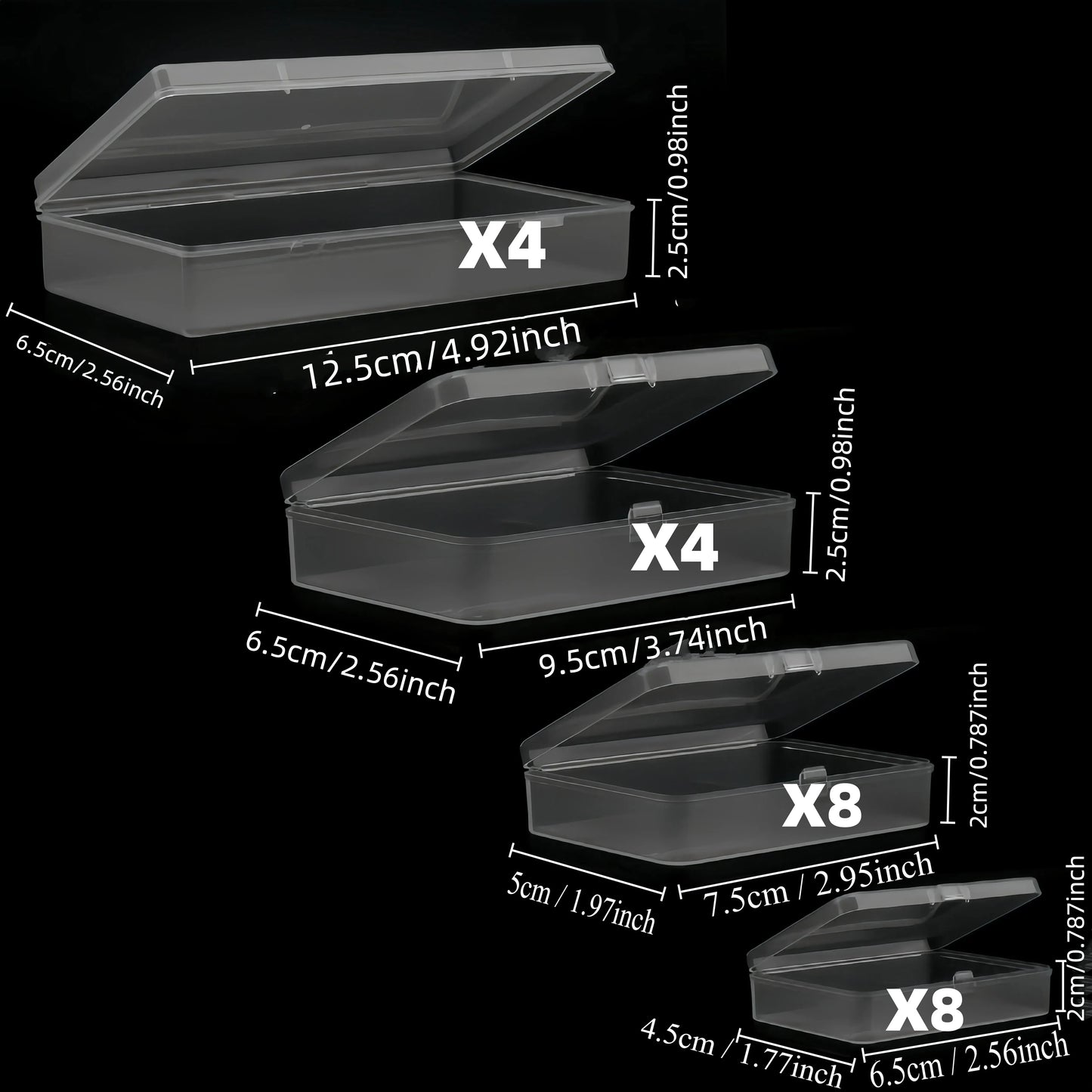 Clear plastic storage boxes with hinged lids in assorted sizes for organizing jewelry, beads, office supplies, and games.