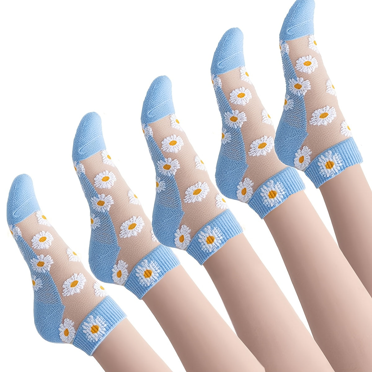 5 pairs of women's daisy pattern short socks, made of breathable glass fabric (70% cotton, 30% polyester, 10% elastane). Hand washable with a knit fabric of 150 gsm and an alphabet design.