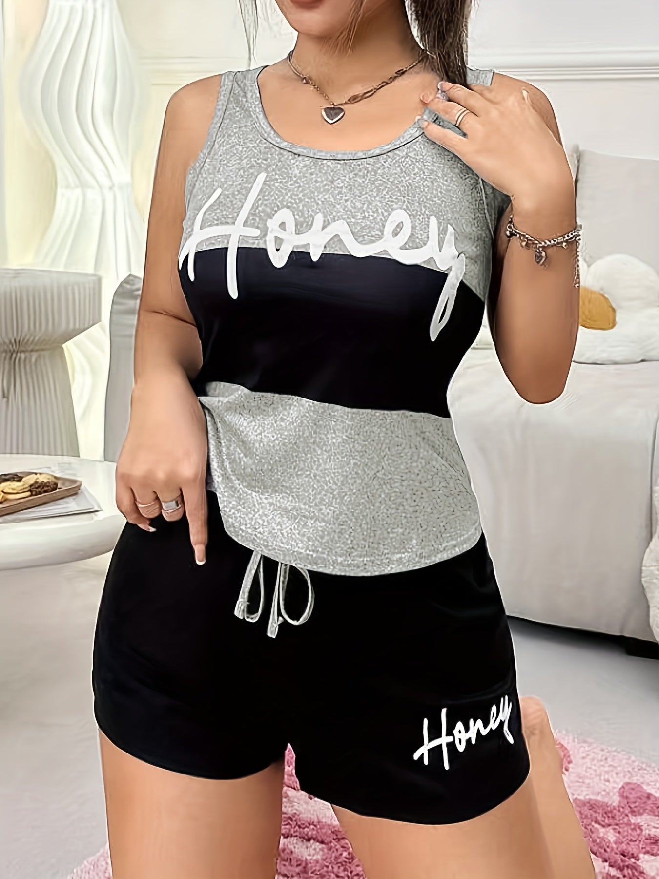 Women's Casual Letter Print Tank Pajama Set - Comfortable Polyester Blend, Non-See-Through, Summer Sleepwear with Drawstring Shorts