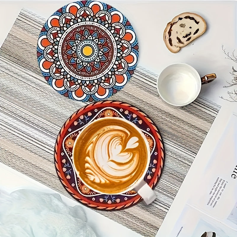 Set of 8 Bohemian-style wooden coasters - heat resistant, non-slip drink mats for home and office decor, perfect for parties, Christmas, and adding artistic, ethnic flair.