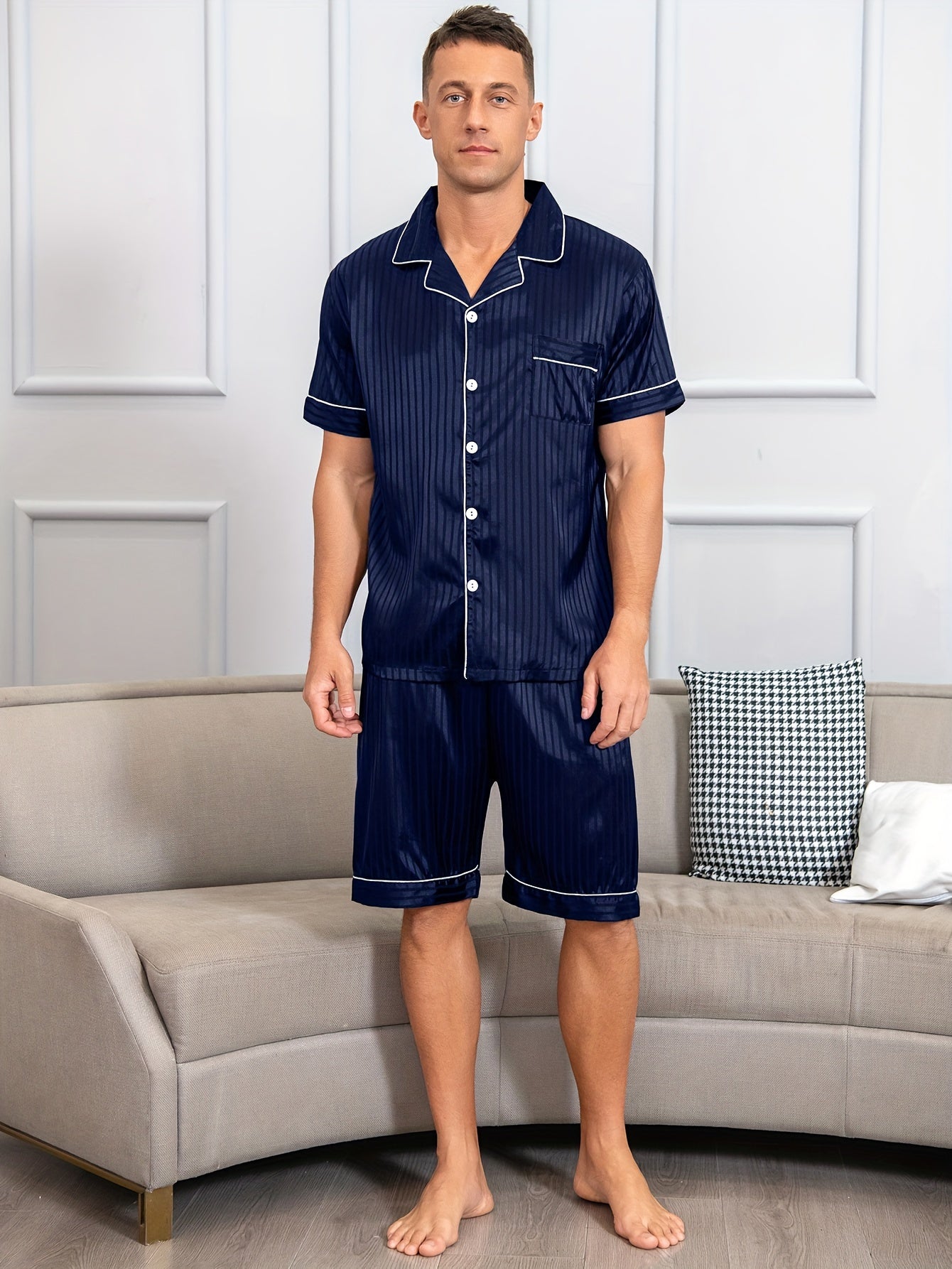 Men's reversible collar pajama set with silky, breathable fabric for summer