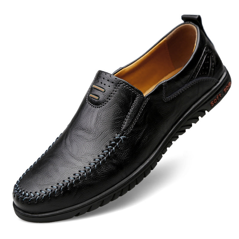 Men's black loafers with split leather upper, soft sole, and casual style suitable for all seasons. Features PU inner lining and rubber outsole.