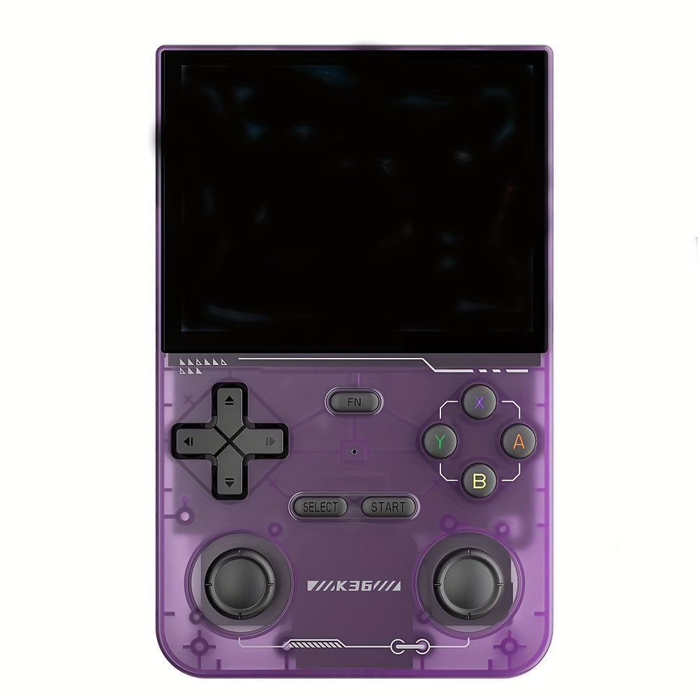 Open-source portable gaming console with long battery life, 3.5-inch HD screen, 64GB TF card, OTG adapter, USB charging cable, and multi-language support.