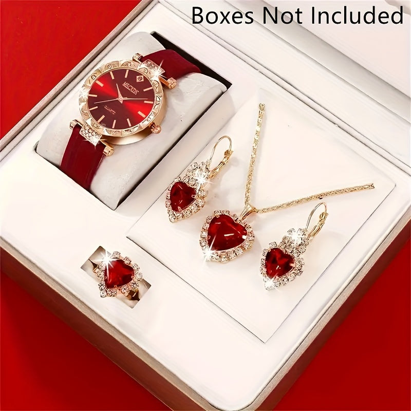 5-Piece Ladies Quartz Watch Set with Heart Jewelry - Red Dial, PU Leather Band, Zinc Alloy Case, Non-Analog Watches with Matching Necklace, Ring, and Earrings