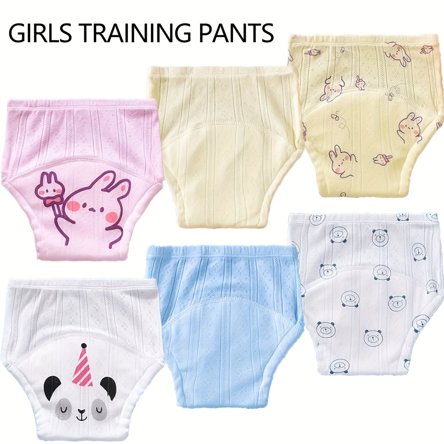 Soft and breathable training pants for girls - Set of 6. Absorbent cloth diapers, ideal holiday present. Comes in White, Pink, and Yellow options.