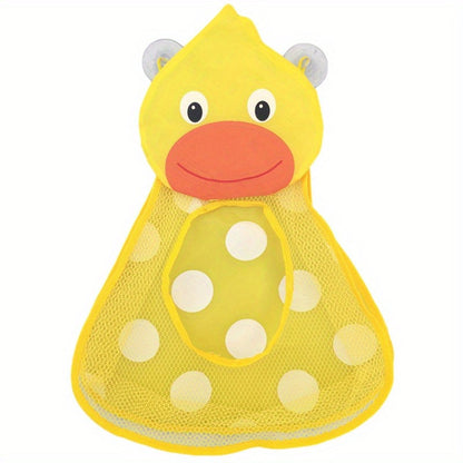 Adorable frog and duck hanging storage bag with suction cups. Made of lightweight PVC and polyester mesh. Mounts on wall for bathroom accessories, toys, and more. Green and yellow. Perfect bathroom organizer.