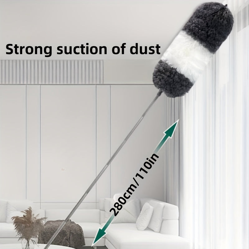 The Extendable Microfiber Duster with Retractable Pole is 280.42cm long and perfect for reaching difficult areas. This flexible dusting wand is ideal for cleaning bed bottoms, ceiling fans, furniture, car interiors, and window tracks. No battery is