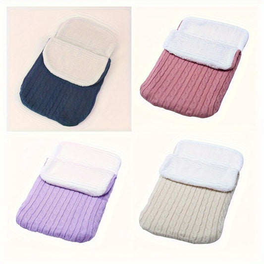 Machine washable baby foot cover with knitted microfiber filling for warmth and comfort.