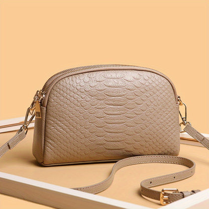 2024 Trendy Snake Embossed Crossbody Bag with Zipper Closure, Genuine Leather, Polyester Lining, Edge Paint, Black/Beige/Khaki Options.