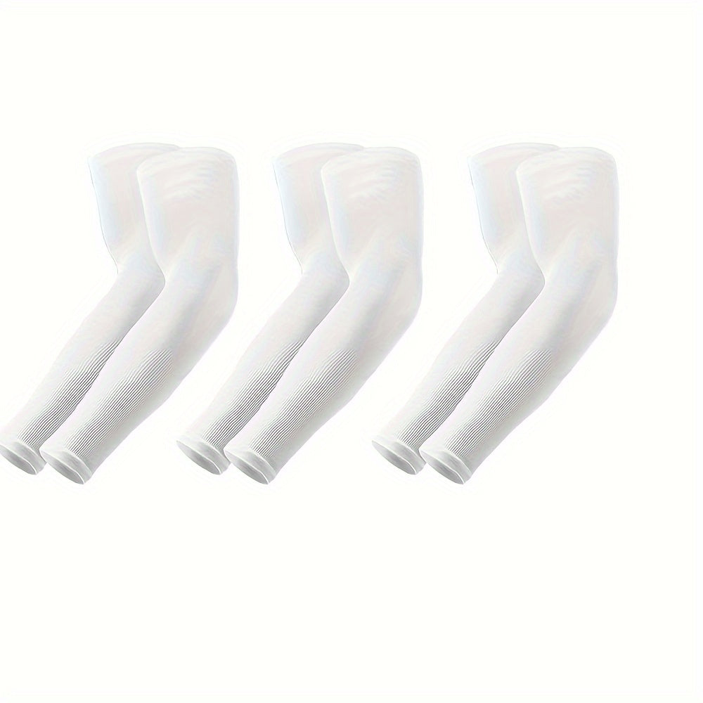 3 pairs of cooling arm sleeves made of ice fabric for sports and daily use, providing breathable, stretchable, quick-drying, and sun protection for summer activities and cycling.