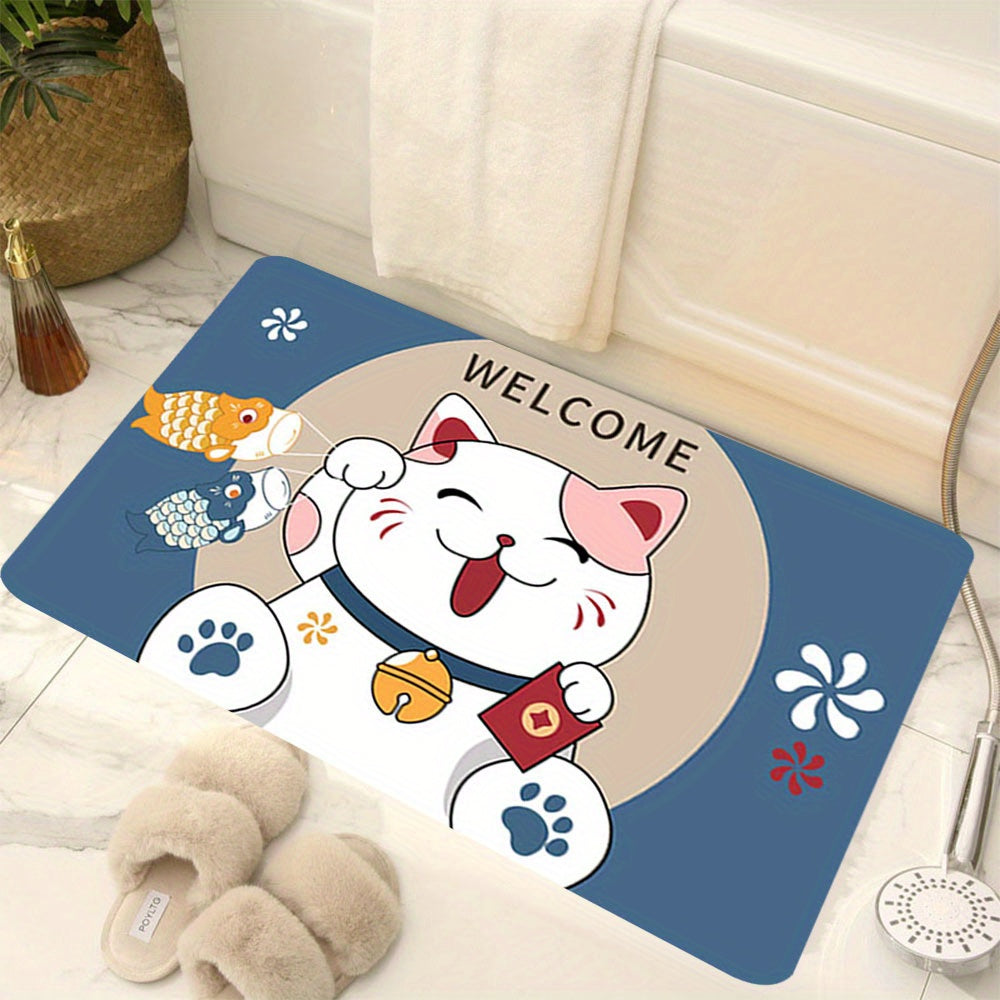 Soft thickened area rug with a Fortune Cat design, providing anti-fatigue comfort and shaggy style for your floors. This home decor essential is machine washable and non-slip, making it perfect for your entrance, living room, bedroom, game room