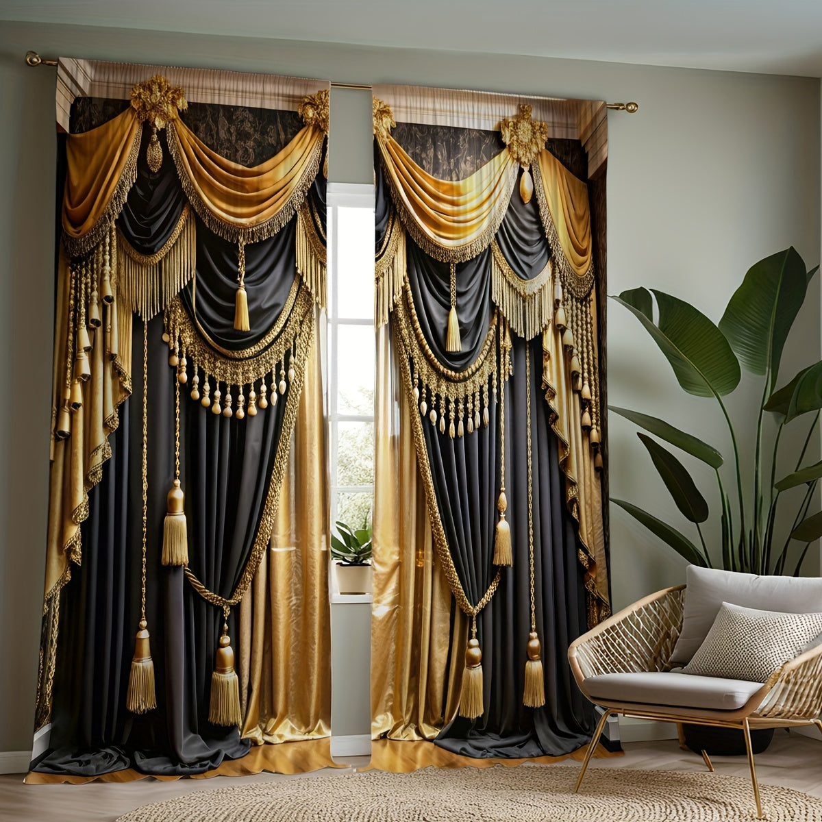 2pc Luxurious Black & Golden Valance Curtains with Elegant Rod Pocket Design, Semi-Transparent Polyester Fabric. Machine washable, perfect for living rooms or bedrooms. Ideal for study room