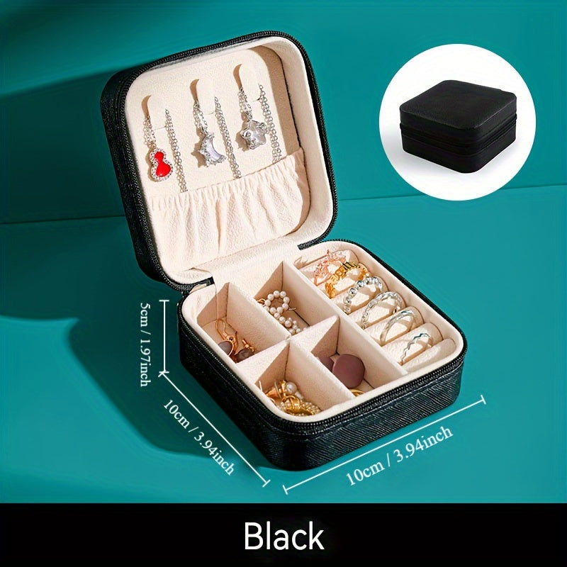 Compact faux leather jewelry organizer box for rings, necklaces, earrings & more. Portable travel case with multi-purpose storage solution. Rectangle shape for organizing.