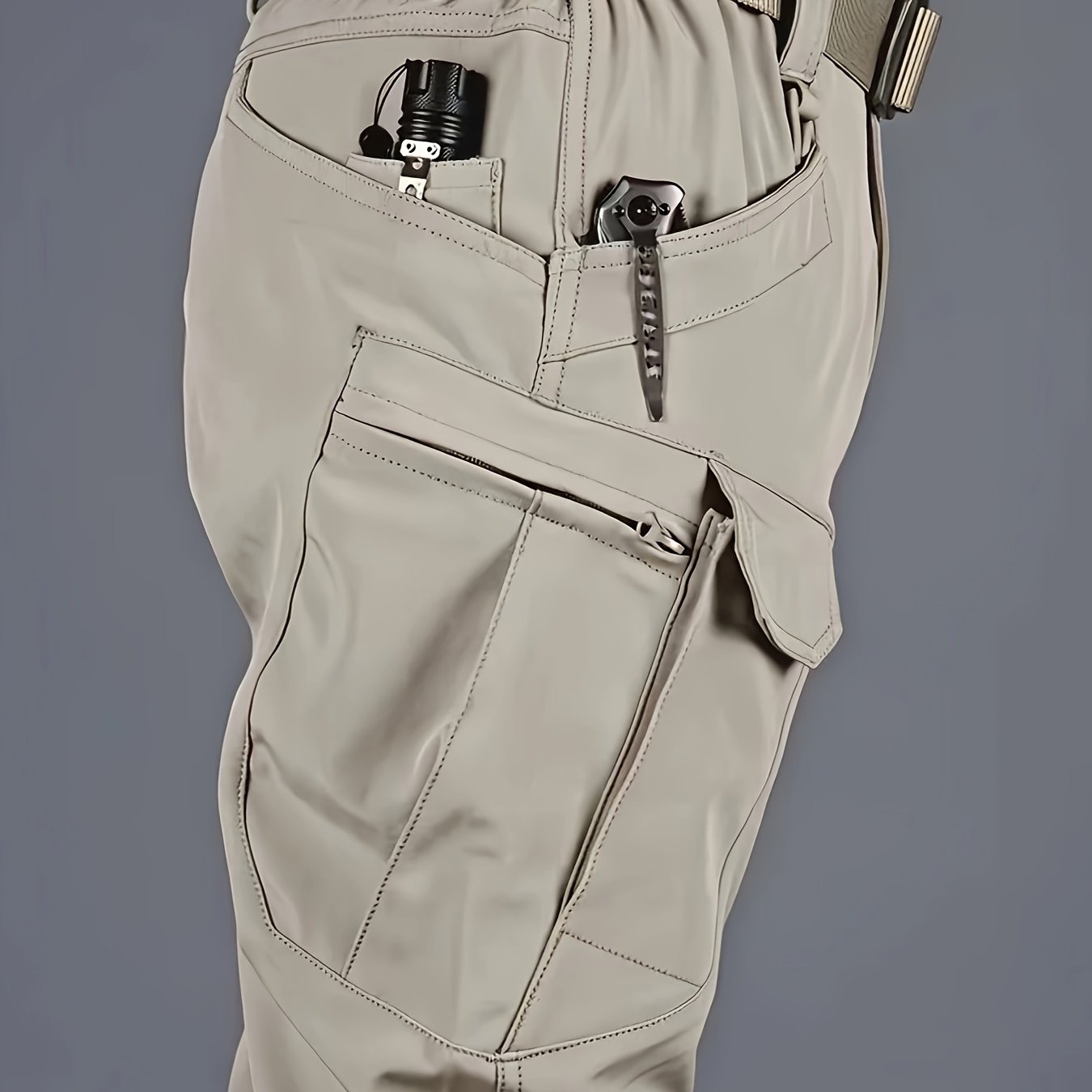 Durable polyester/spandex blend cargo pants for men with multiple pockets, machine washable, casual style